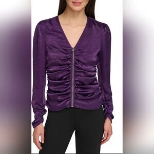 DKNY Zip Front Long Sleeve Satin Top Womens Size Large Purple Vampire Goth Edgy